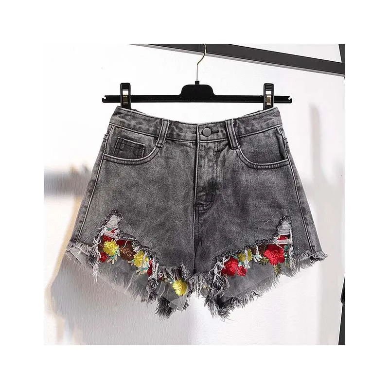 

summer casual denim short shorts high waist lace patchwork floral jean woman women plus size 5xxxxl Bottom overalls koran jeans
