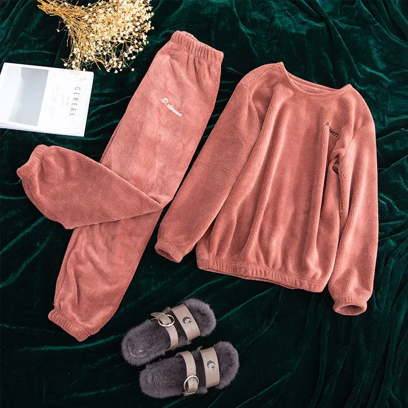 Top-Pants-Red Осенне-зимние фланелевые женские пижамные комплекты, одежда для сна, домашняя одежда, Толстая теплая Коралловая бархатная женская ночная рубашка, костюм, пижама - Цвет: Top-Pants-Red