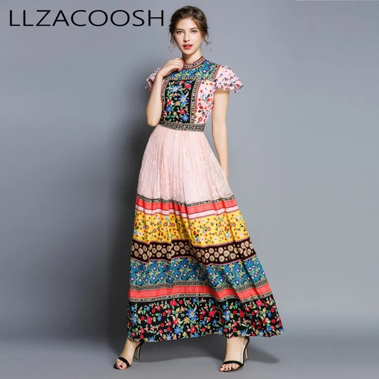 

2019 Runway Women Chiffon Patchwork Lace Dress Summer Pink Print Flower Long Party Dress Vintage Short Sleeve Maxi Vestidos
