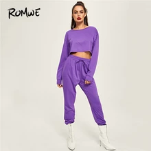 ROMWE фиолетовый сплошной круглый вырез укороченный свитер и спортивные брюки набор женщин с длинным рукавом шнурок конические морские брюки из двух частей