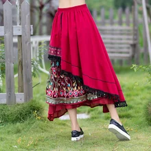 Женская этническая юбка Женская Осенняя Весенняя Мехико Стиль дизайн длинная красная Лоскутная Вышивка миди юбка
