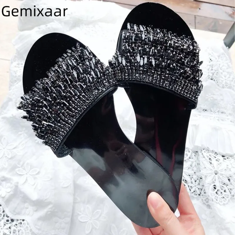 

String Bead Women Comfy Slippers Round Toe Black Cow Leather Studded Bling String Bead Crystal Platform Outside Slipper Feminina