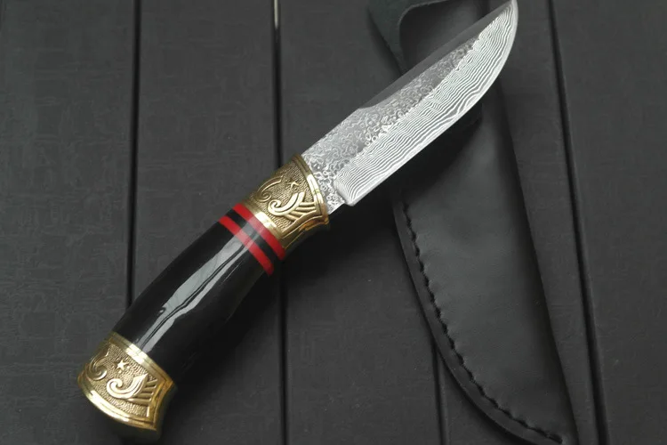 Swayboo Походный нож для выживания, бронзовая головка, бык-Роговая ручка, золотой дамасский стальной фиксированный тактический нож, охотничий