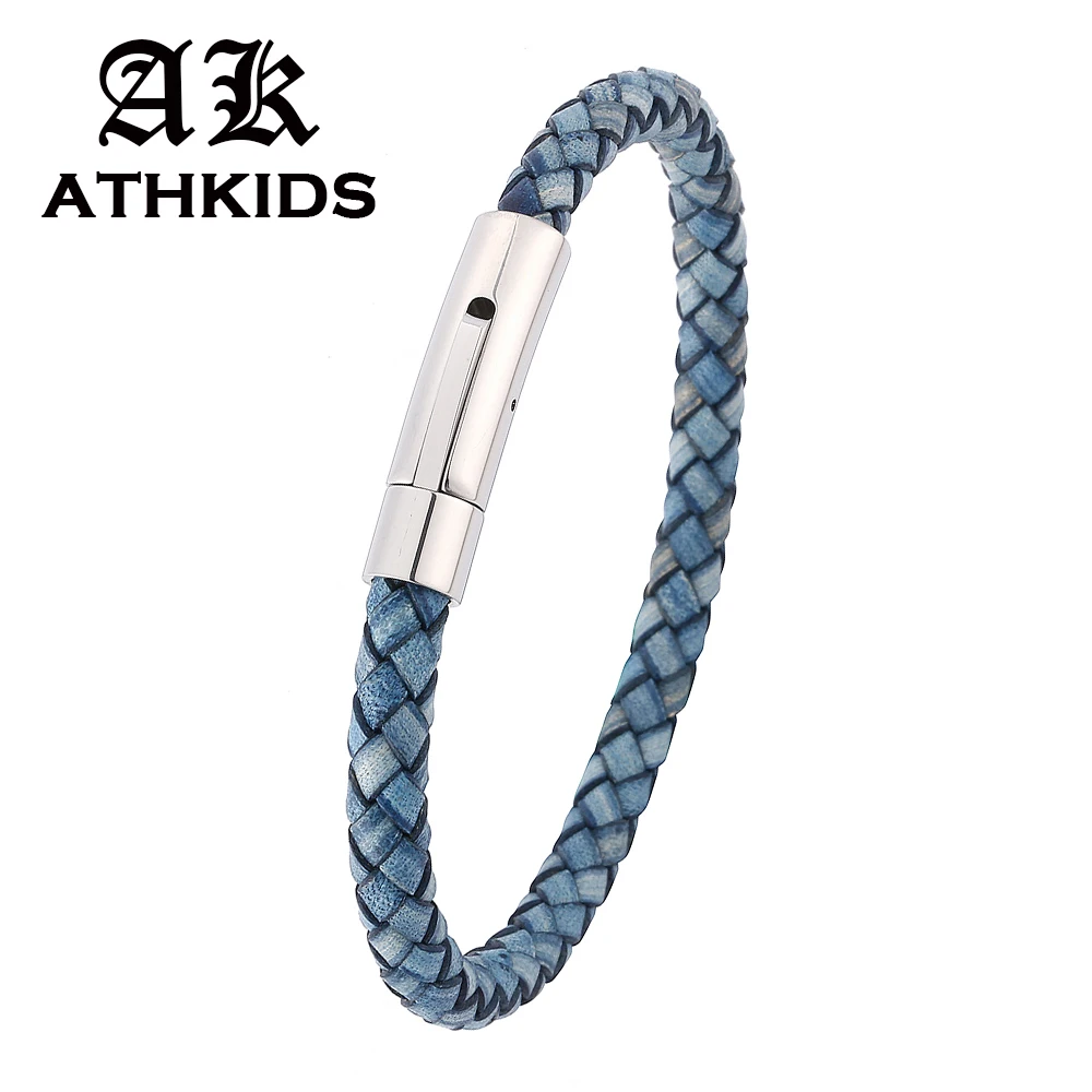 

New Fashion Men Blue Genuine Leather Bracelet Simple Stainless Steel Button Neutral Accessories Hand-woven Jewelry Gifts PD0240