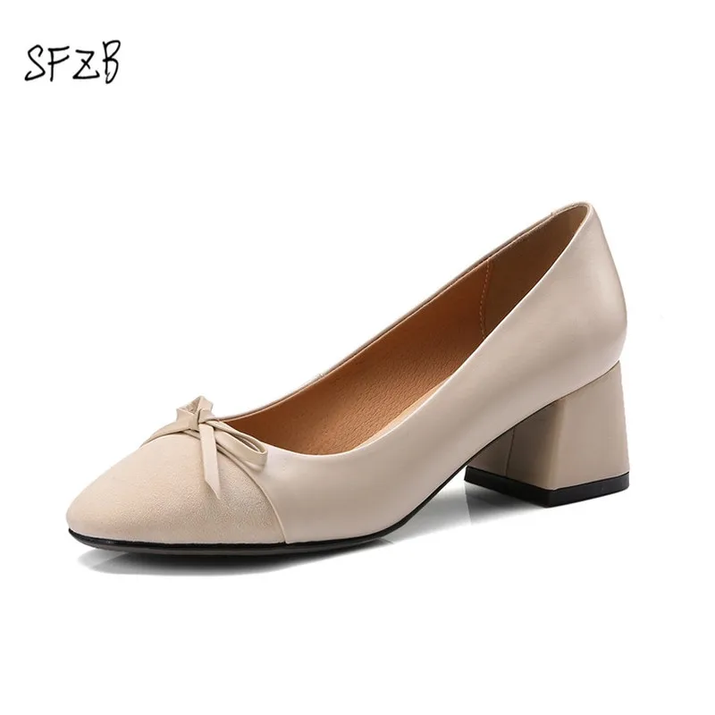 

SFZB Women Pumps Square Heels Western Style Spring and Autumn 4 Color leather Ladies Shoes Size 34-40