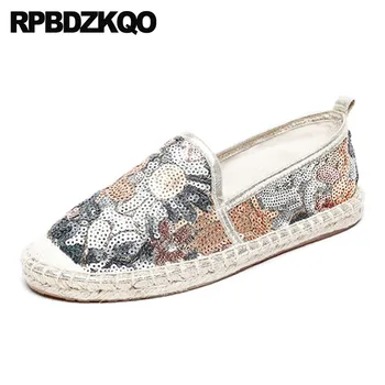

China Sequin Loafers Espadrilles Ladies Glitter Round Toe Hemp Yellow Autumn Spring Bling Sequins Single Shoes Women Cheap Flats