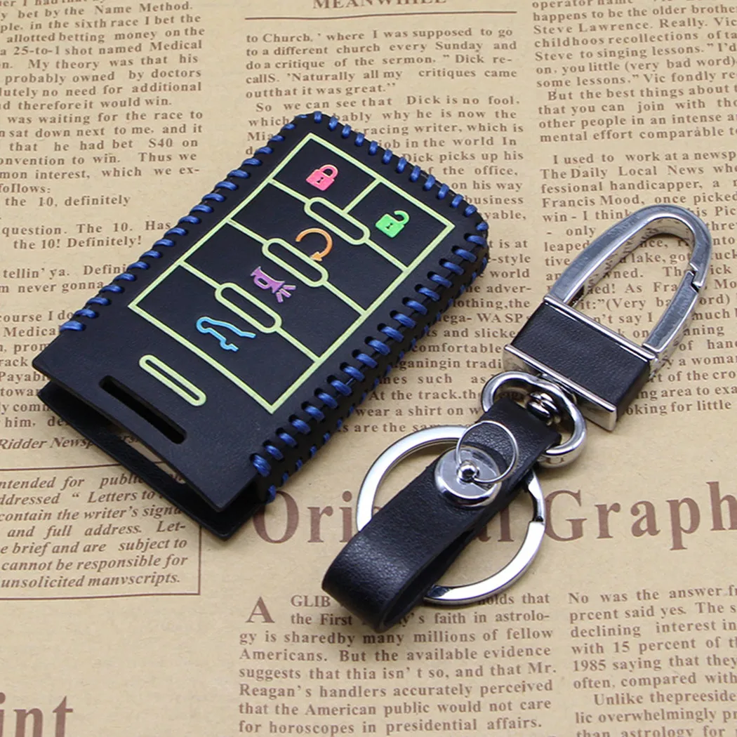 

WFMJ Blue Leather noctilucous Remote Smart 5 Buttons Key Cover Case Chain Keyring For Cadillac DTS STS Escalade CTS SRX XTS ATS