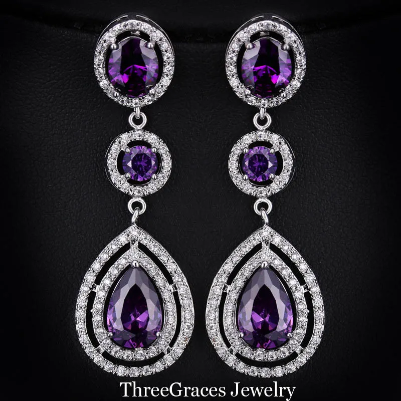 ThreeGraces элегантные Micro Pave AAA+ CZ камень Длинные Большой Королевский синий кристалл свадебные серьги, ювелирные изделия для невест E0113 - Окраска металла: Purple