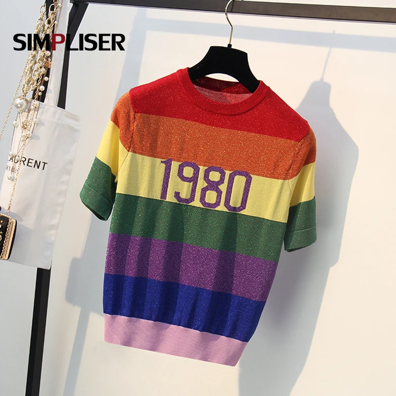 Lurex Rainbow Color Sweaters For Women 2020 Summer O-neck Short Sleeve Female Pullovers Knitting Tees Ladies Tops Knitted Shirts | Женская