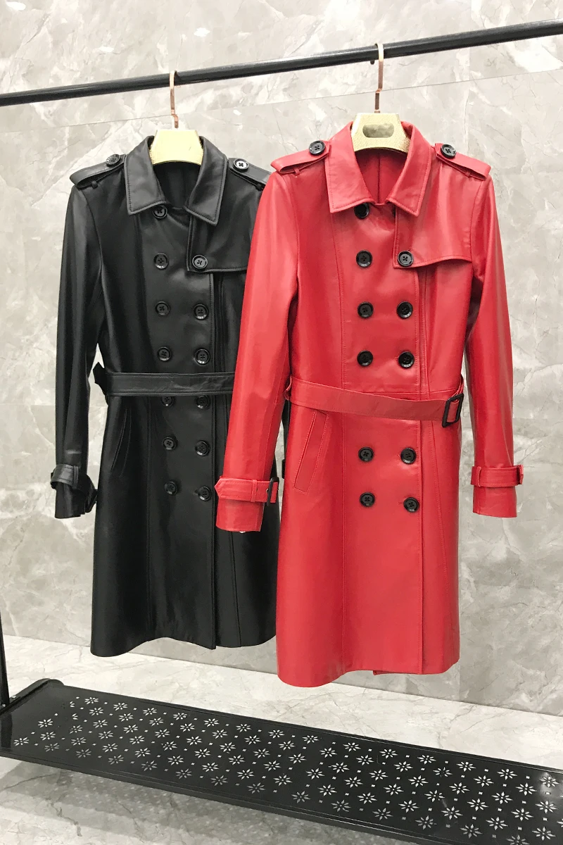 2019 Spring  Jacket Women Long Section  Windbreaker  Korean Version of The Coat Slim Jacket Real Leather Jacket