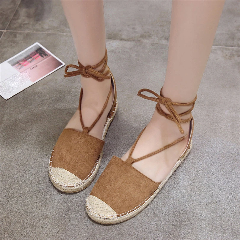 

SIKETU Spring Flat Shoes for Women Sandals Straw Linen Lace up Sandals Ankle Strap platform Straw Woven Fisherman's Shoe A30