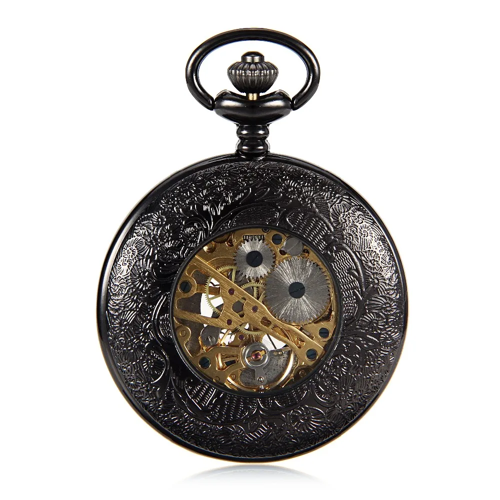 Античный стиль черный циферблат римский номер полый корпус Скелет стимпанк ветрозащитные Механические карманные часы Мужские часы