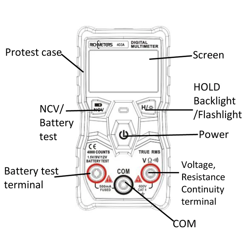 Автоматический цифровой мультиметр RICHMETERS 403A с истинным значением RMS, интеллектуальный NCV 4000 отсчетов, напряжение переменного/постоянного тока, Ом, инструмент для тестирования батареи