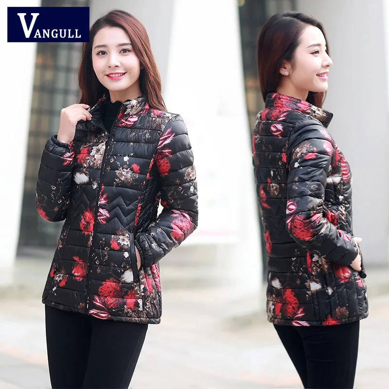 Skup Vangull damski zimowy kwiatowy nadruk na kurtce Pluse rozmiar parki 2019 New Fashion płaszcze vintage gruby ciepły z długim rękawem wąska bluza
