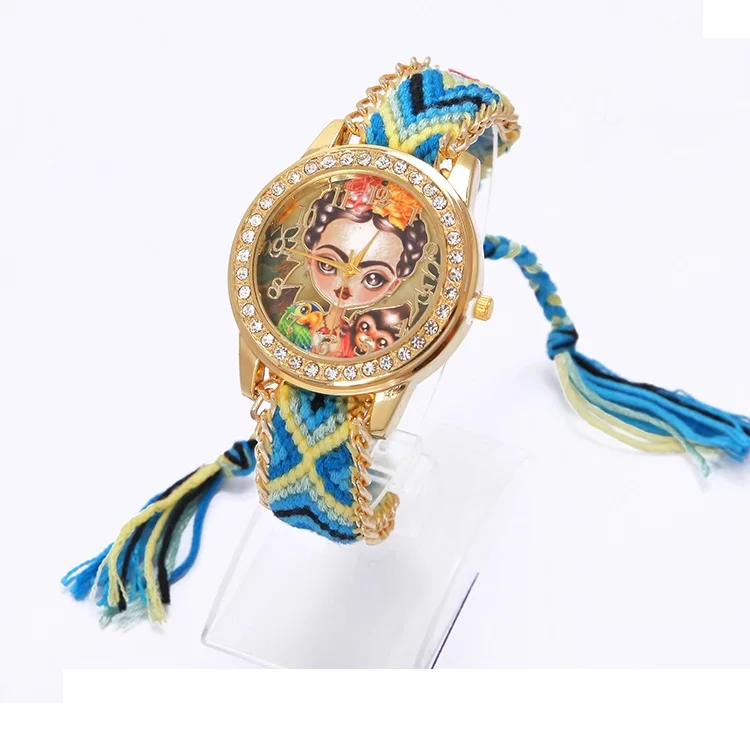 Радужные Женевские часы для женщин винтажные мексиканские краски Девушка горный хрусталь Стиль циферблат модные наручные часы кружева Золотая цепь оплетка Reloj