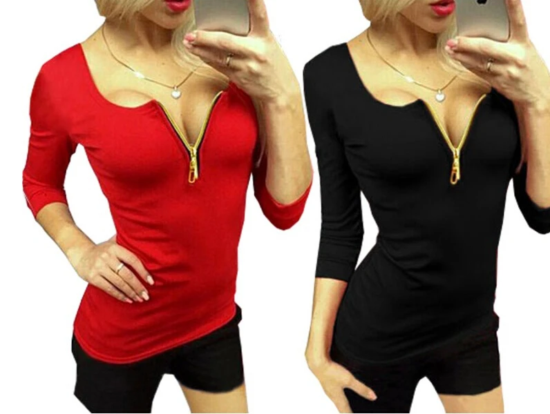 Women T Shirt Zipper Fit Deep V Neck Tops Tees Slim Three