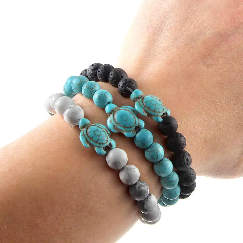 Cute Animal Turtle Charms Bracelet For Woman Men Natural Stone Beaded Bracelet Jewelry Gift