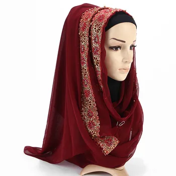 

Muslim Crinkle Hijab Scarf Women Chiffon Wrap Pearl Lace Glitter Long Shawl Lady Head Scarves Solid Pashmina