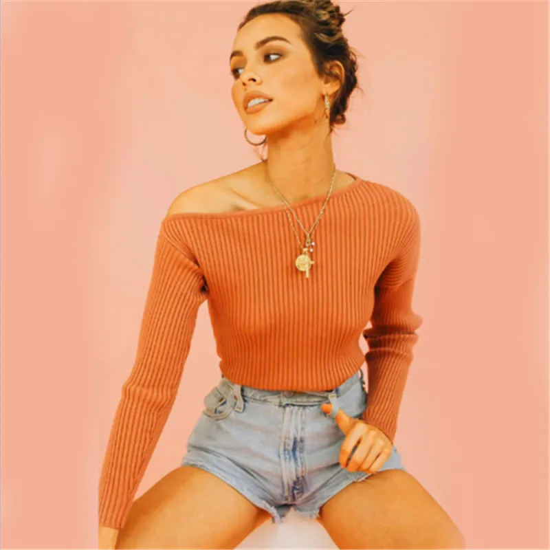 Women's Sexy Halter Boat Neck Pullover Top Sweater Long Sleeve Pullover Top