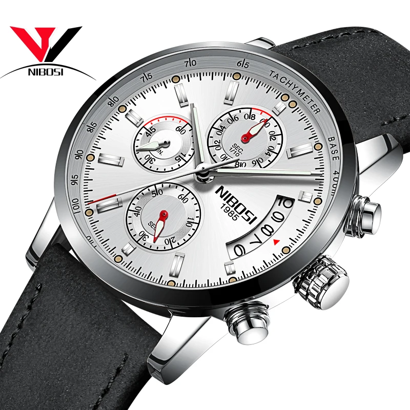 

NIBOSI Men's Watch Top Brand Men's Leather Waterproof Sports Quartz Chronograph Military Watch Clock Relogio Masculino