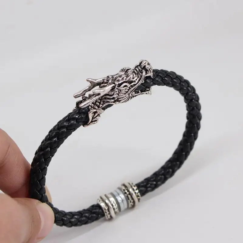 Дизайн, винтажный браслет с головой дракона для женщин, толстая кожаная веревка, браслеты с животными и браслеты, подарки для бойфренда - Окраска металла: black rope