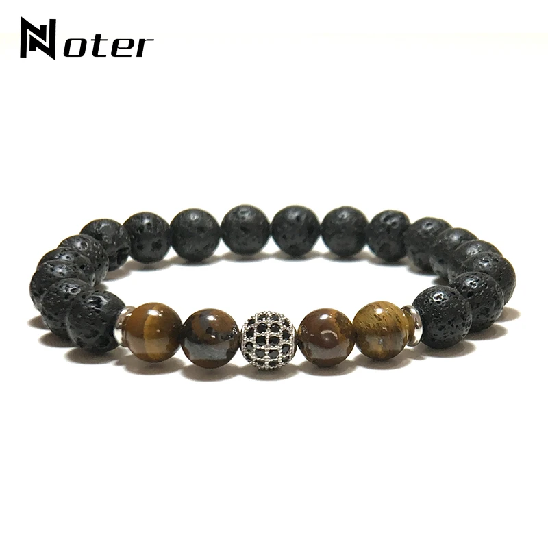 

Noter Lava Stone Bracelet Men Pave Setting Black Zirconia Disco Ball Strand Braslet Natural Tiger Eye Volcanic Beaded Braclet