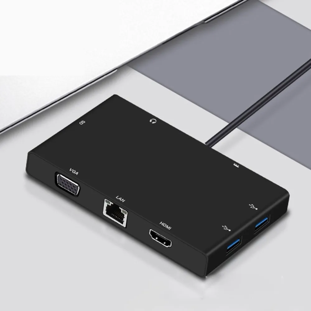 

8-in-1 USB 3.0 Type-C HUB Type-C to HDMI VGA Video Converter RJ45 Ethernet Card Reader 3.5mm Audio PD Charge Adapter
