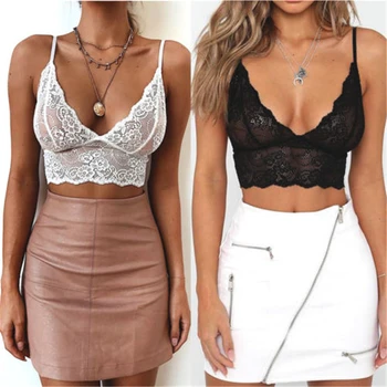 

Women Sexy Floral Lace Halter Bralette Lined Bra No Pad Crop Top V Neck Black White Nude