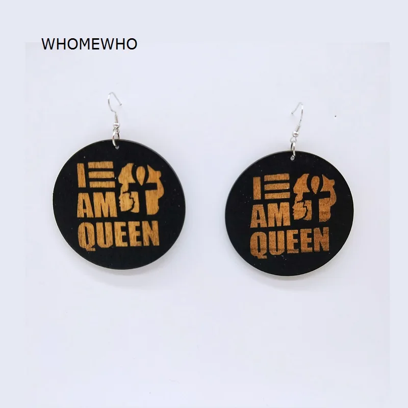 

Unfinished Wood Geometric Round Africa Black Gold Letters "I AM QUEEN" Ankh Tribal Earrings Retro Wooden African Hiphop Jewelry