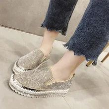 Женские туфли на плоской подошве; Роскошные повседневные туфли на платформе с серебряными кристаллами; сверкающий блеск; однотонные черные туфли на плоской подошве; 7J18