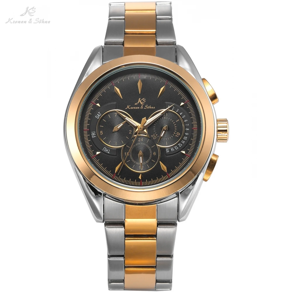 Navigator KS Classic Automatic Golden Black Date Day 24 Hours 6 Hands Steel Band Mechanical Business