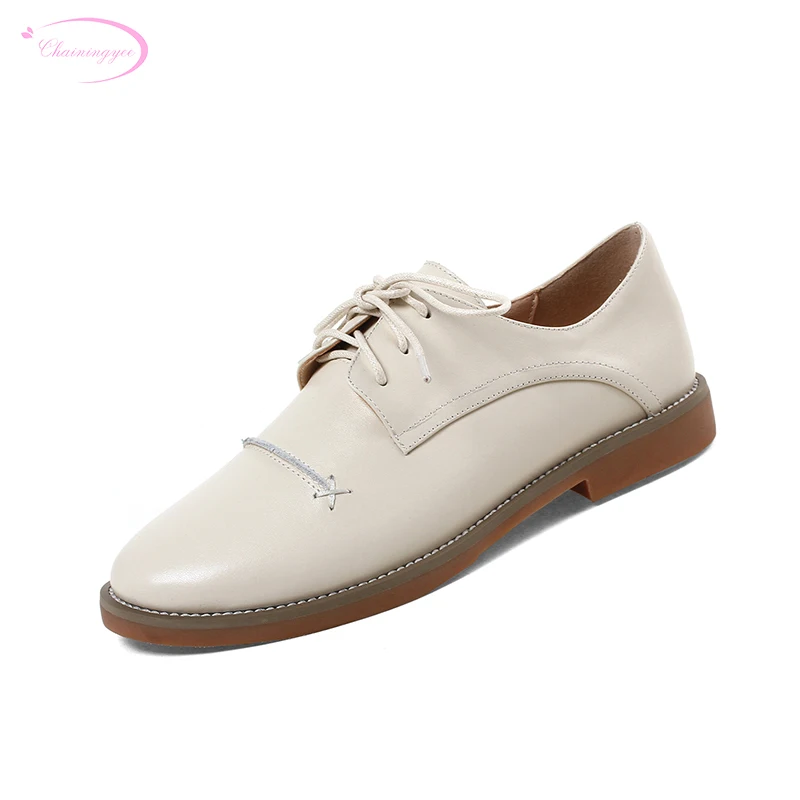 

Chainingyee casual sweet soft cowhide genuine leather comfortable women's shoes fashion lace-up beige brown flat oxford shoes