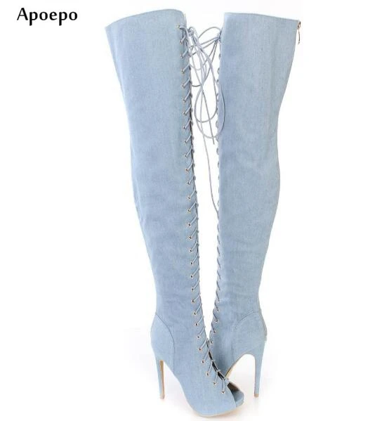 

New Woman Denim Blue Long Boots 2018 Sexy Peep Toe Over the Knee Boots Rome Style Lace-up Thigh High Boots Jeans Boots