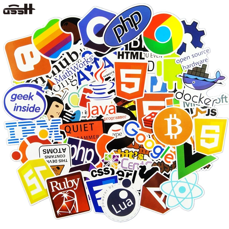 

50 Pcs Internet Java JS Php Html Cloud Docker Bitcoin Programming Language APP Logo Cool Stickers for Laptop Car DIY Stickers