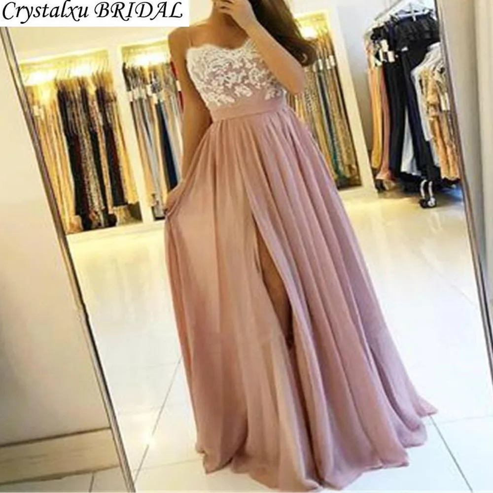 

Blush Pink Bridesmaid Dresses Spaghetti Straps White Lace Chiffon Long Wedding Guest Dress Maid Of Honor Dress Party For Women