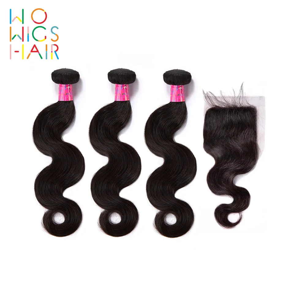 

WoWigs Hair Peruvian Hair Remy Hair Body Wave 3 Bundles Deal With Top Lace Closure / Frontal Natural Color 1B