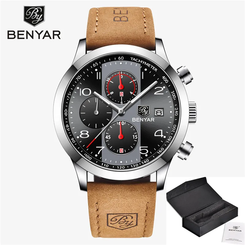 BENYAR новые деловые мужские часы хронограф мужские спортивные часы водонепроницаемые полностью стальные Мужские кварцевые наручные часы Relogio Masculino - Цвет: 5133-Brown black
