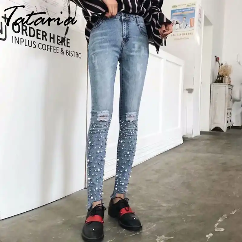 jeans with pearl beads