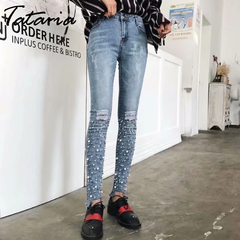 Tataria Skinny Ripped Jeans Woman Distressed Hole Beads Pearl Women Jeans With Pearls Denim Pencil Pants Woman Jean Femme 2018 Tataria Skinny Ripped Jeans Woman Distressed Hole Beads Pearl Women Jeans With Pearls Denim Pencil Pants Woman Jean Femme 2018