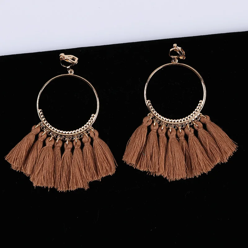 Bohemian Long Tassel Clip On Earrings No Pierced for Women Vintage Round Trendy Cotton Rope Fringe Fashion Jewelry Ear Clip ear clip earrings clip earrings ear clip