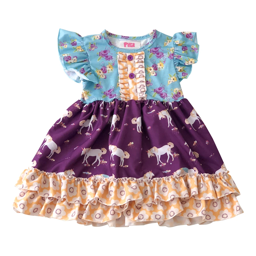 

Puresun Fashiong Girl Unicorn Printed Dress Children Boutique Dress Baby Infants Toddler Kids Ruffle Frocks