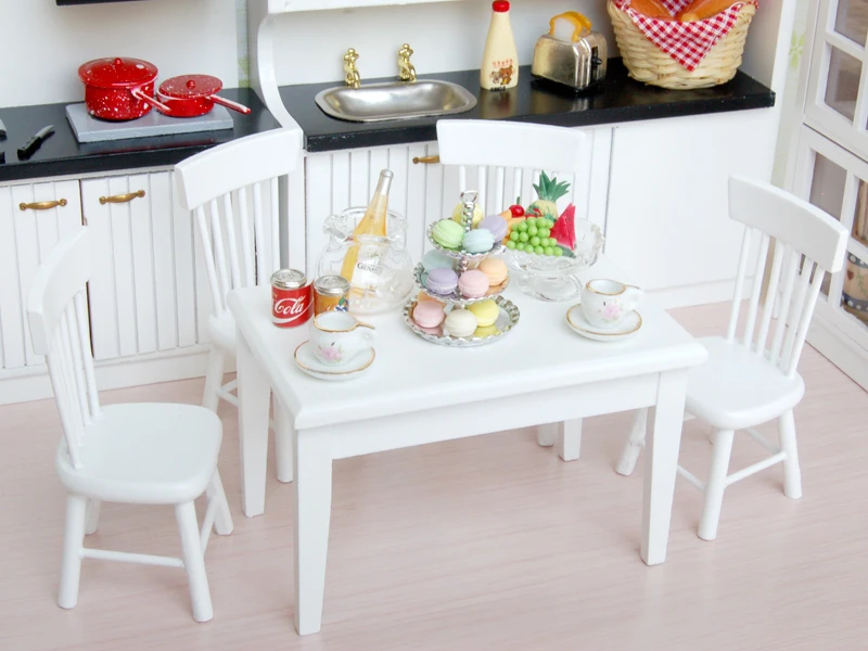3 Sets 1/12 Dollhouse Miniature Wooden Kitchen Cabinet Table Chair Tea Set Pretend Play Furniture Toys for Children Gift Collect
