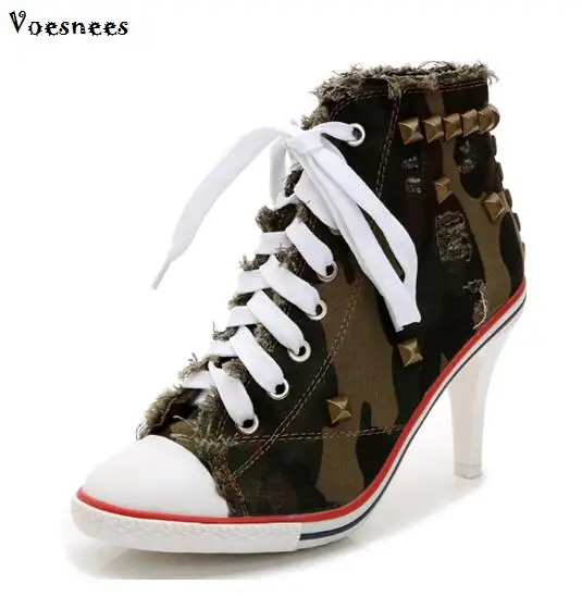 

Pumps 2019 Sexy Personality Winter Shoes Lace-up High-top Lace Thin Heels High-heeled Cowboy Canvas Rivets Plus-size 4 color