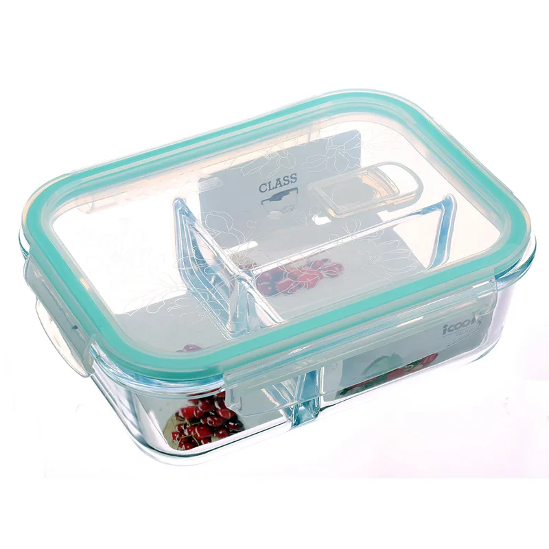 2/3 Grid Microwavable Leakproof Glass Lunch Box, Transparent