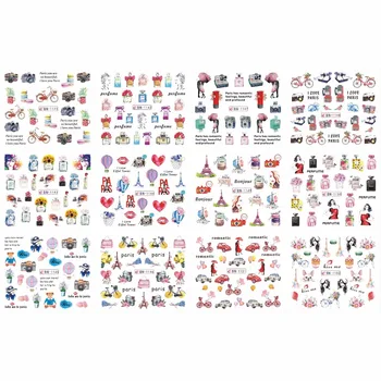 

12 PACK/ LOT WATER DECAL NAIL ART NAIL STICKER FULL COVER PARIS STREET EIFEL TOWER FASHION MODEL PERFUME CAMERA BIKE BN1141-1152