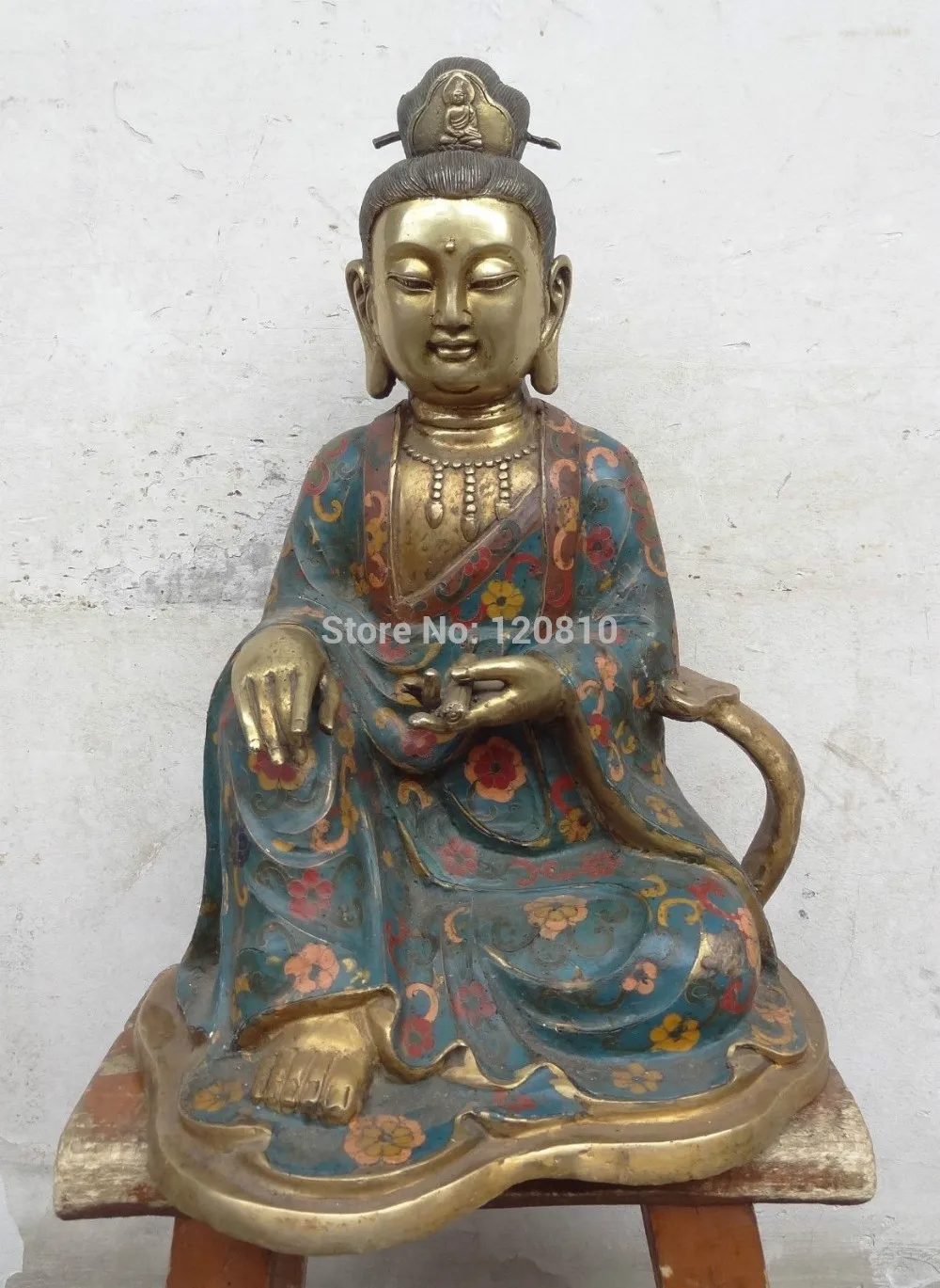 

21" Chinese Cloisonne Bronze Buddhism Kwan-Yin Joss Guan Yin Pot Statue