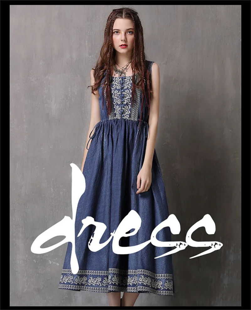 Vintage Summer Dress 2018 Cotton Women denim Dress Embroidery Dress Sleeveless  Tank Dresses O-Neck Floral Vestidos Femininos (1)