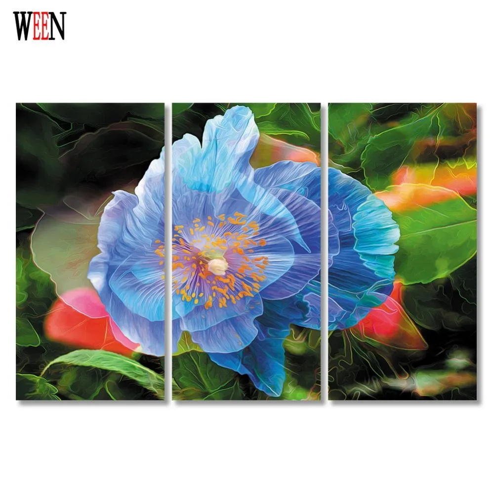 3 Piece Blue Flower Wall Canvas Art Painting Pictures For Living Room
