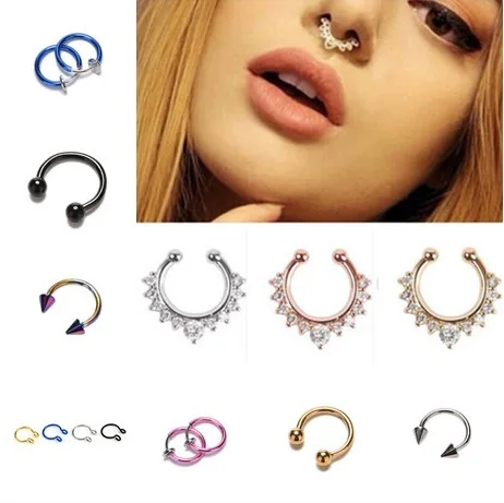 New Nose Lip Ear Fake Piercing Rings Clip On Boby Stud Punk Goth False Hoop Nose Ring Multi Style