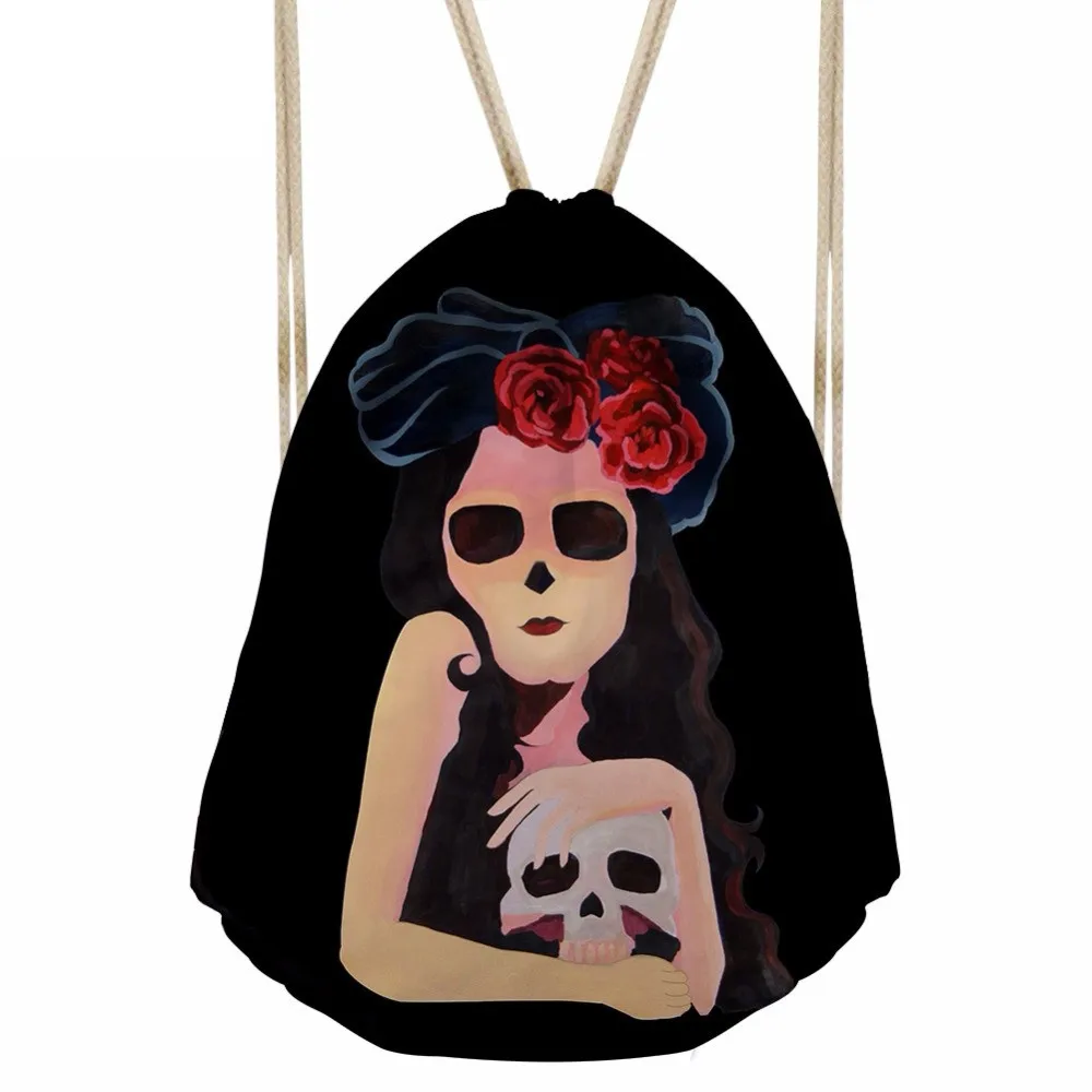 Punk 3D Cartoon Girls Skull Print Women Drawstrings Bags Female Backpack for Shopping Softback Storage Punch